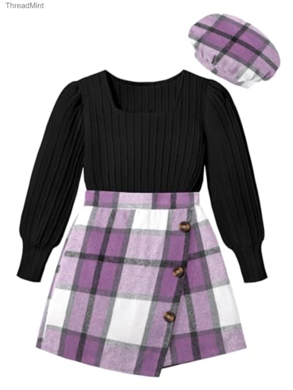 3 Piece Girls Skirt Set Square Neck Jacquard Puff Sleeve Top Plaid Mini Skirt